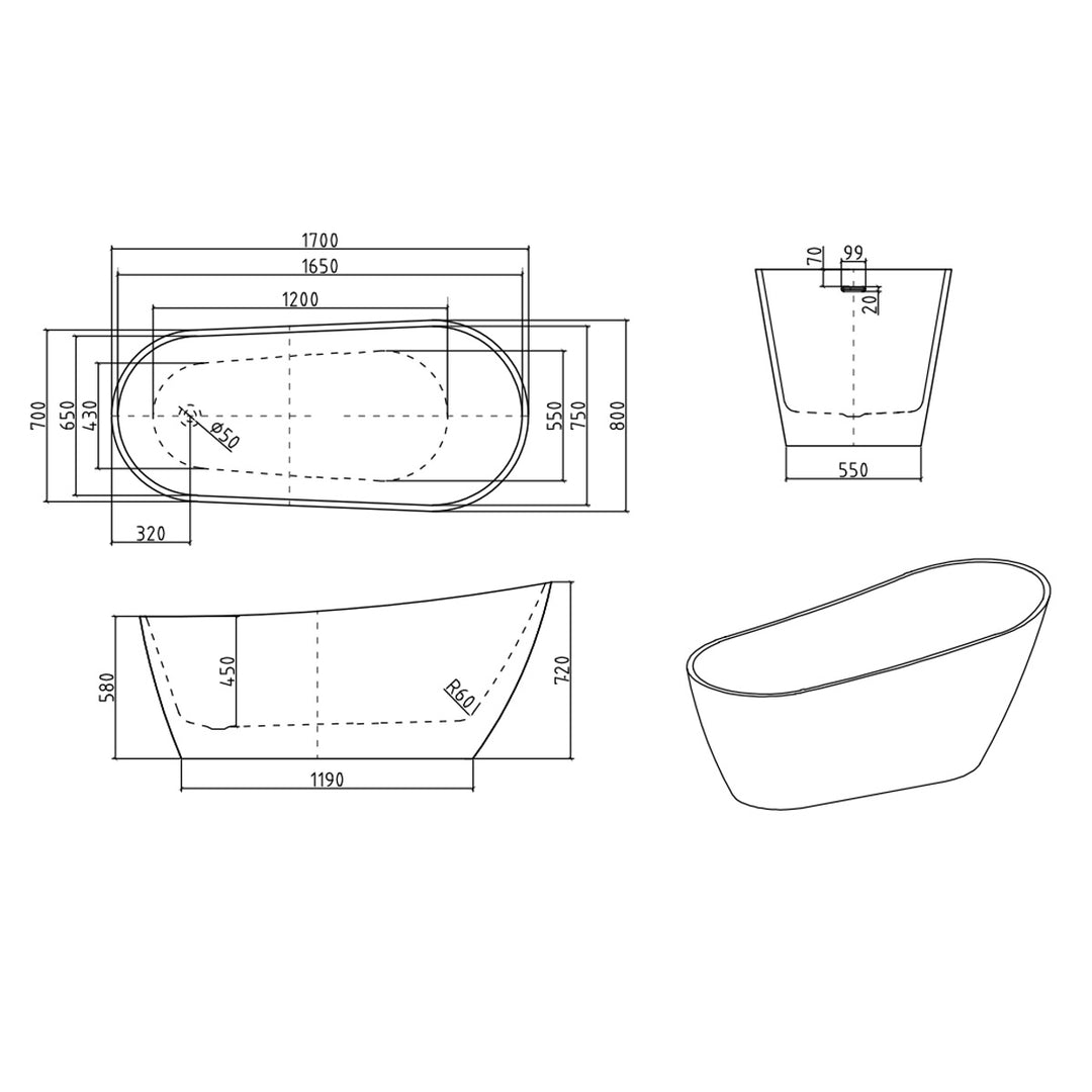 Voda Design Ribble Modern Freestanding Slipper Bath - 1700mm