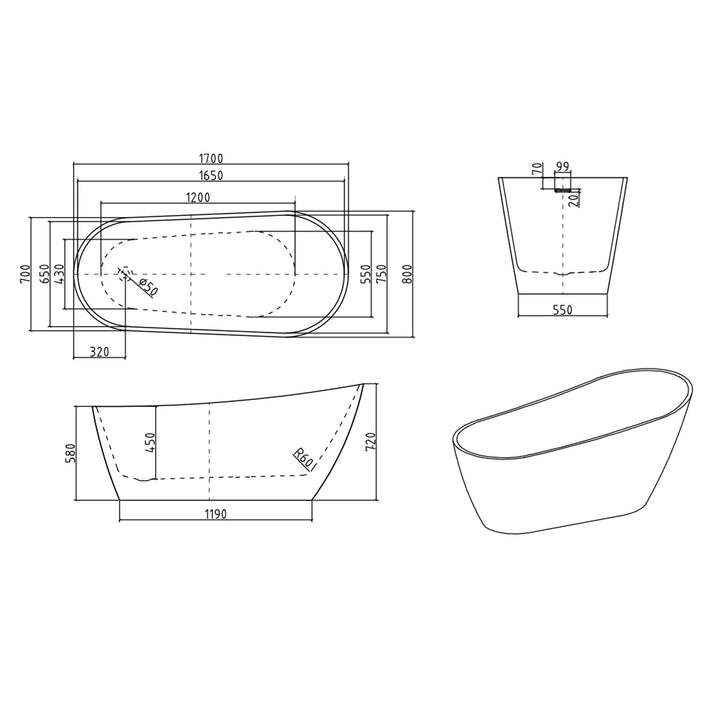 Voda Design Ribble Modern Freestanding Slipper Bath - 1700mm