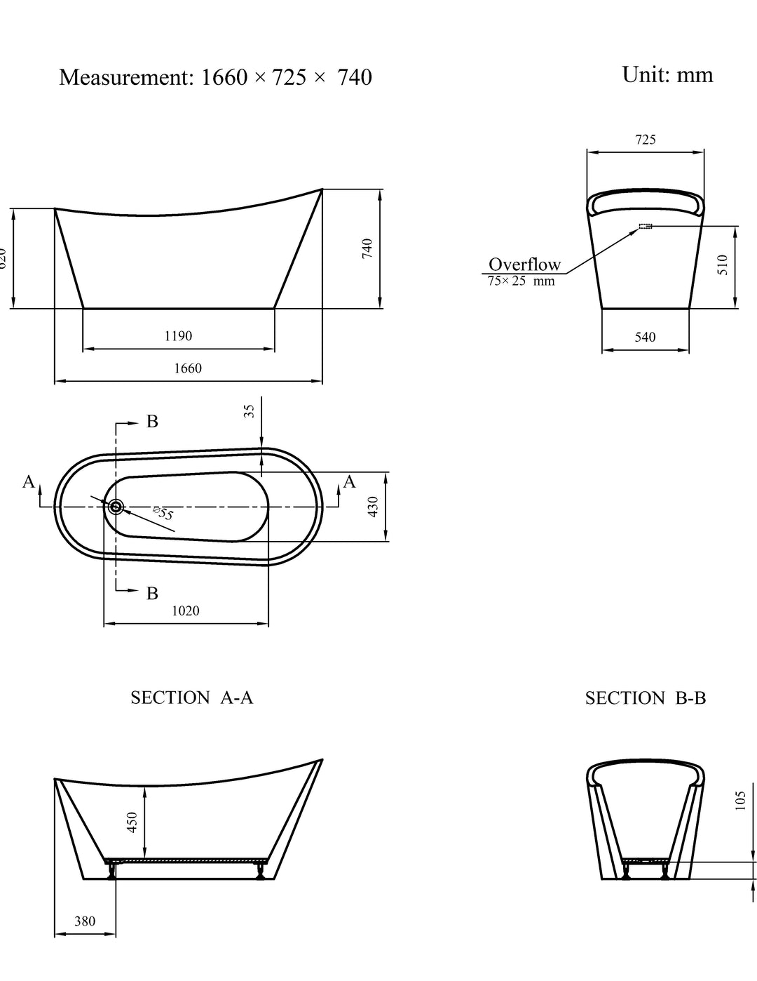 Freestanding Modern Slipper Thin Edge Single Ended Bath 1660 mm - Arruba by Synergy