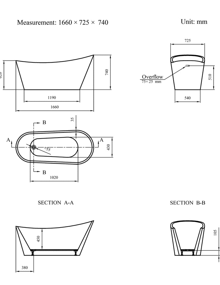 Freestanding Modern Slipper Thin Edge Single Ended Bath 1660 mm - Arruba by Synergy