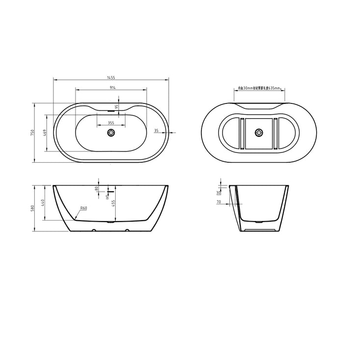 Voda Design Florence 1 1455mm Freestanding Double Ended Bath (Slim Oflow White Waste)