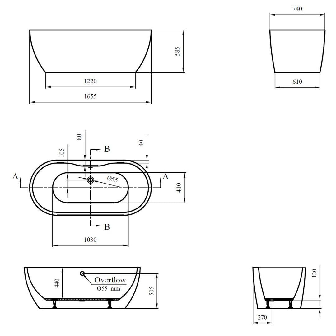 Voda Design Florence 1655mm Freestanding Double Ended Bath (Slim Oflow White Waste)