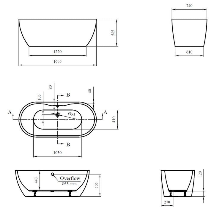Voda Design Florence 1655mm Freestanding Double Ended Bath (Slim Oflow White Waste)