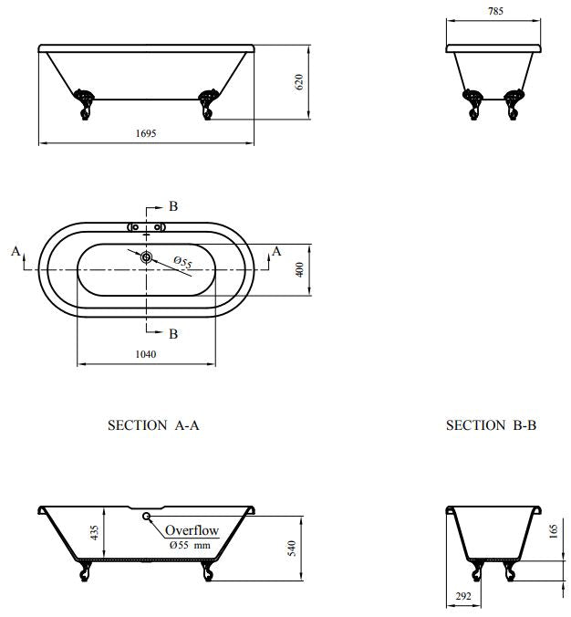 Freestanding Traditional Roll Top Bath 1695mm - Wilmslow By Synergy
