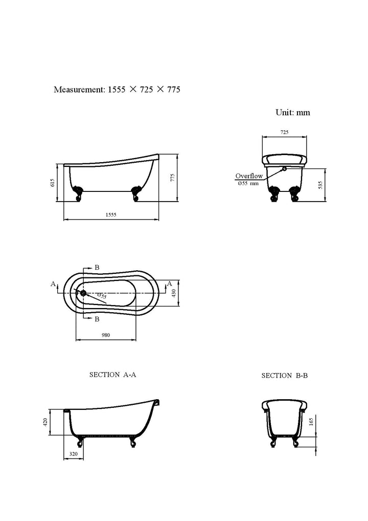 Freestanding Traditional Single Ended Slipper Bath With Ball & Claw Feet 1555mm - Brentwood By Synergy