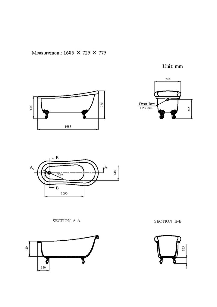 Freestanding Traditional Single Ended Slipper Bath With Ball And Claw Feet 1685mm - Belgravia By Voda Design
