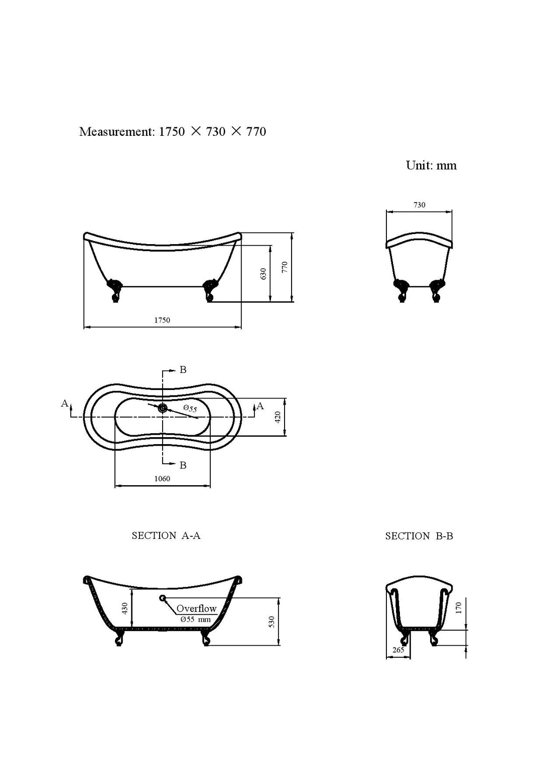 Freestanding Traditional Double Ended Bath 1750 mm - Shakespeare by Voda Design