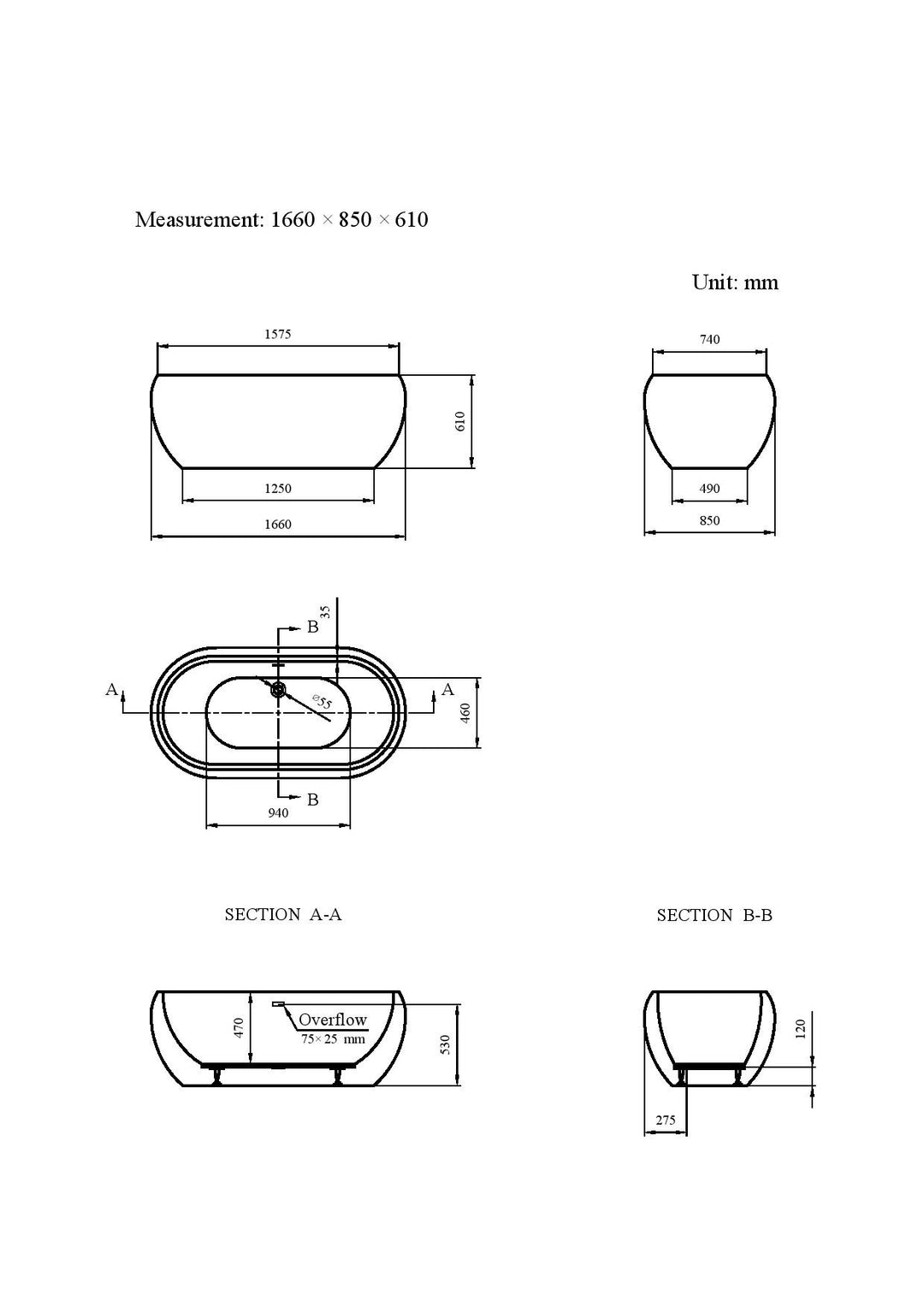 Freestanding Modern Double Ended bath 1660 x 850 mm - Pebble by Synergy