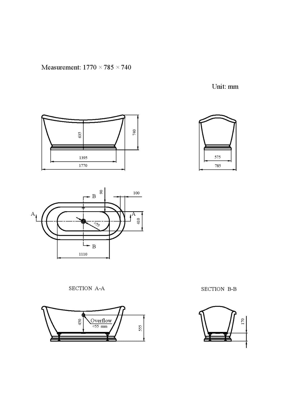 Freestanding Traditional Double Ended Bath 1770mm - Boat By Synergy