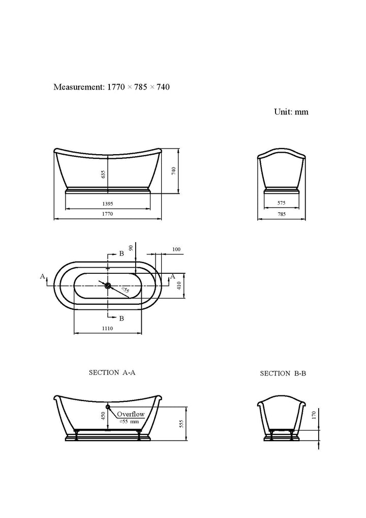 Freestanding Traditional Double Ended Bath 1770mm - Boat By Synergy
