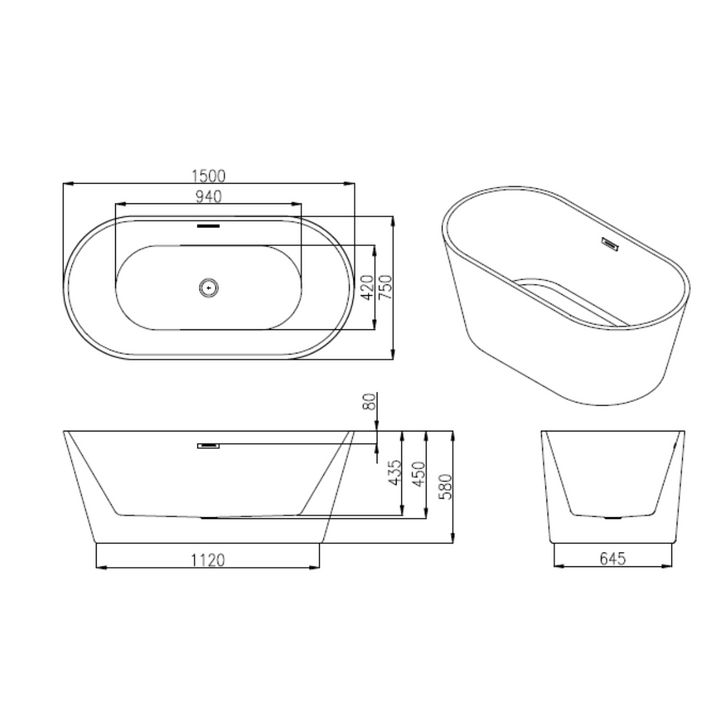 Voda Design Dublin 1500mm Freestanding Double Ended Bath White Waste