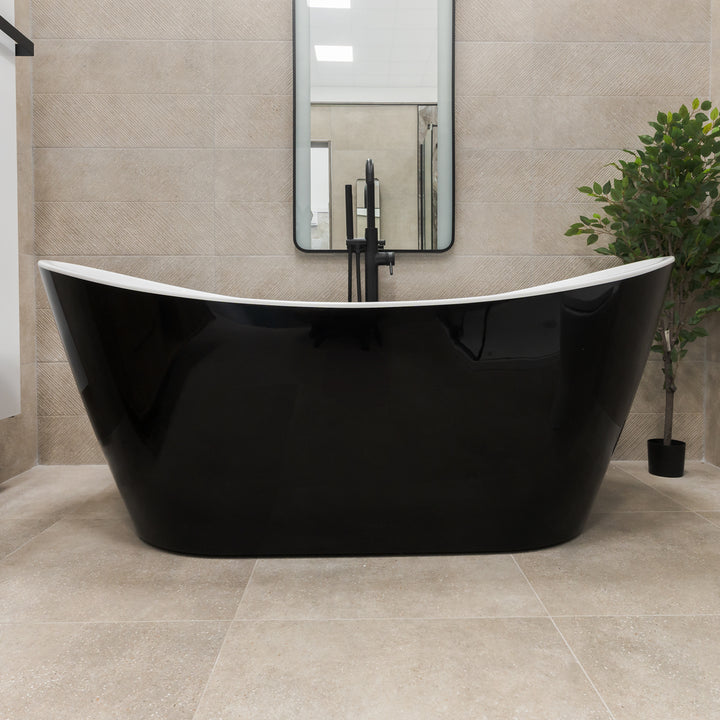1700 x 800 Freestanding Double Ended Bath - Black (Slim Oflow White Waste)
