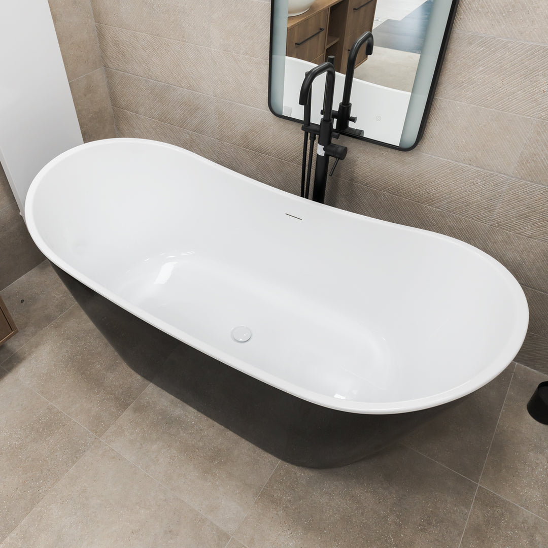 1700 x 800 Freestanding Double Ended Bath - Black (Slim Oflow White Waste)