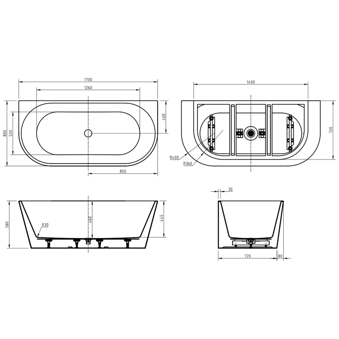 D Shape Back to Wall 1700 x 800mm Freestanding Bath - Curve By Voda Design