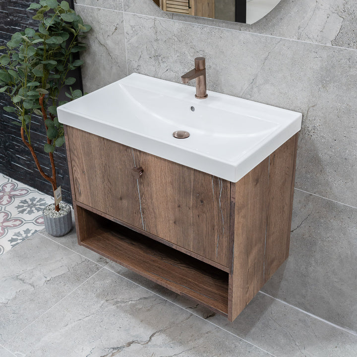 800mm Wall Mounted Vanity Unit & Inset Basin - Pewter Oak - By Voda Design
