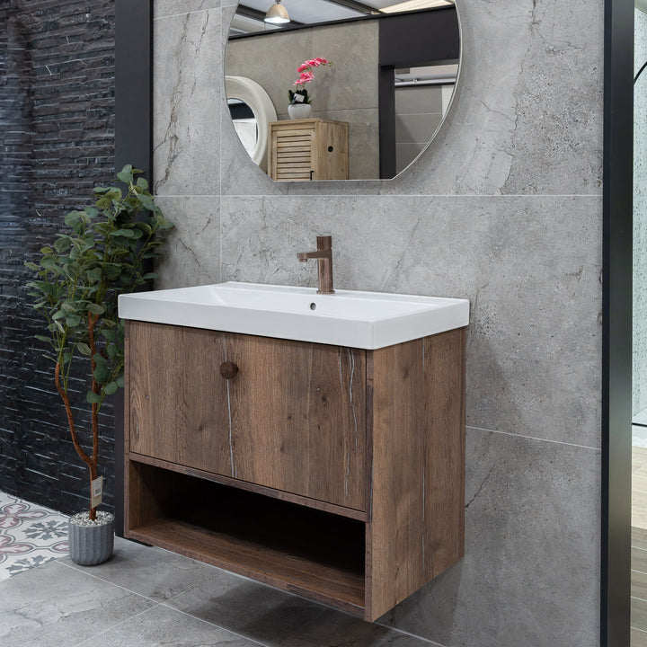 800mm Wall Mounted Vanity Unit & Inset Basin - Pewter Oak - By Voda Design