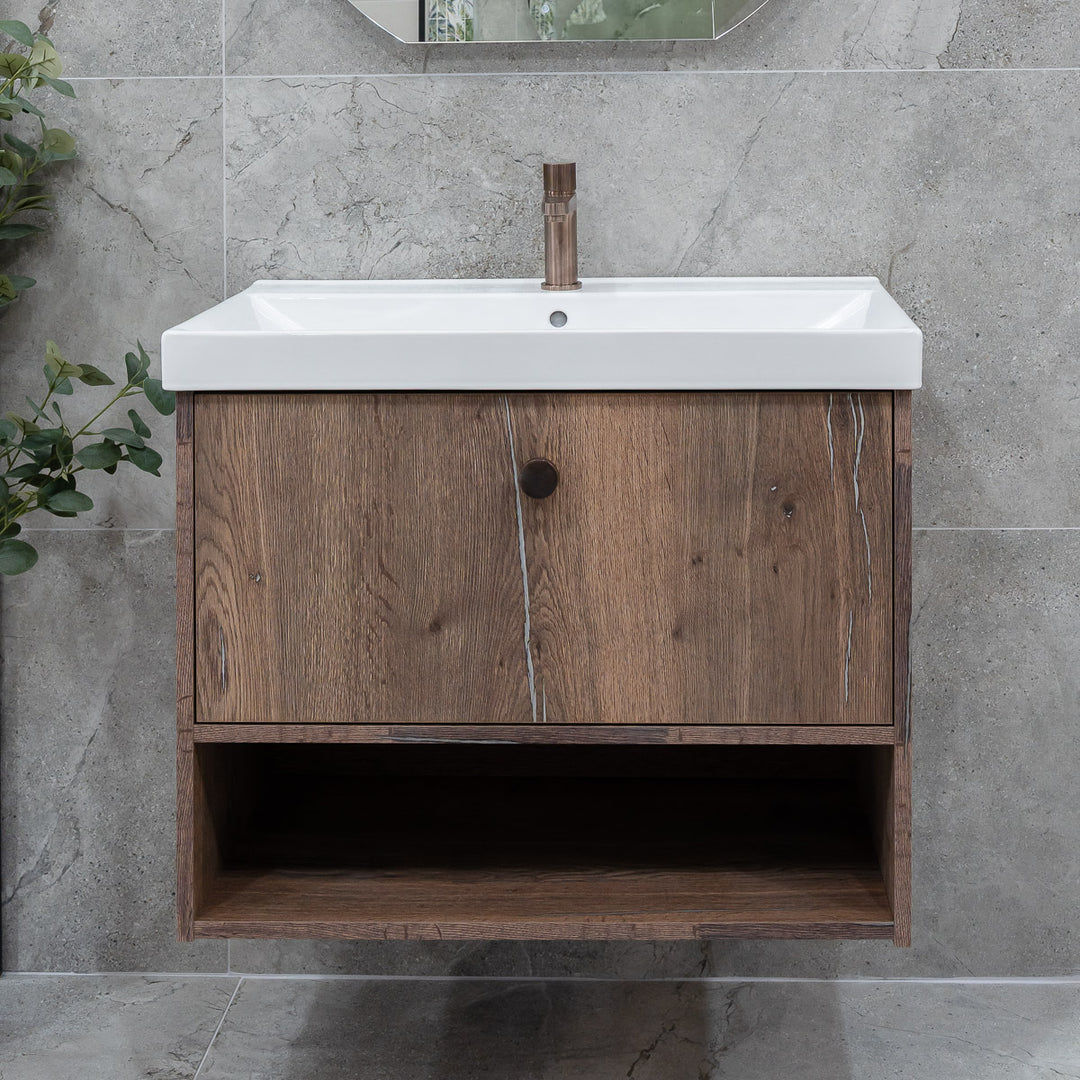 800mm Wall Mounted Vanity Unit & Inset Basin - Pewter Oak - By Voda Design