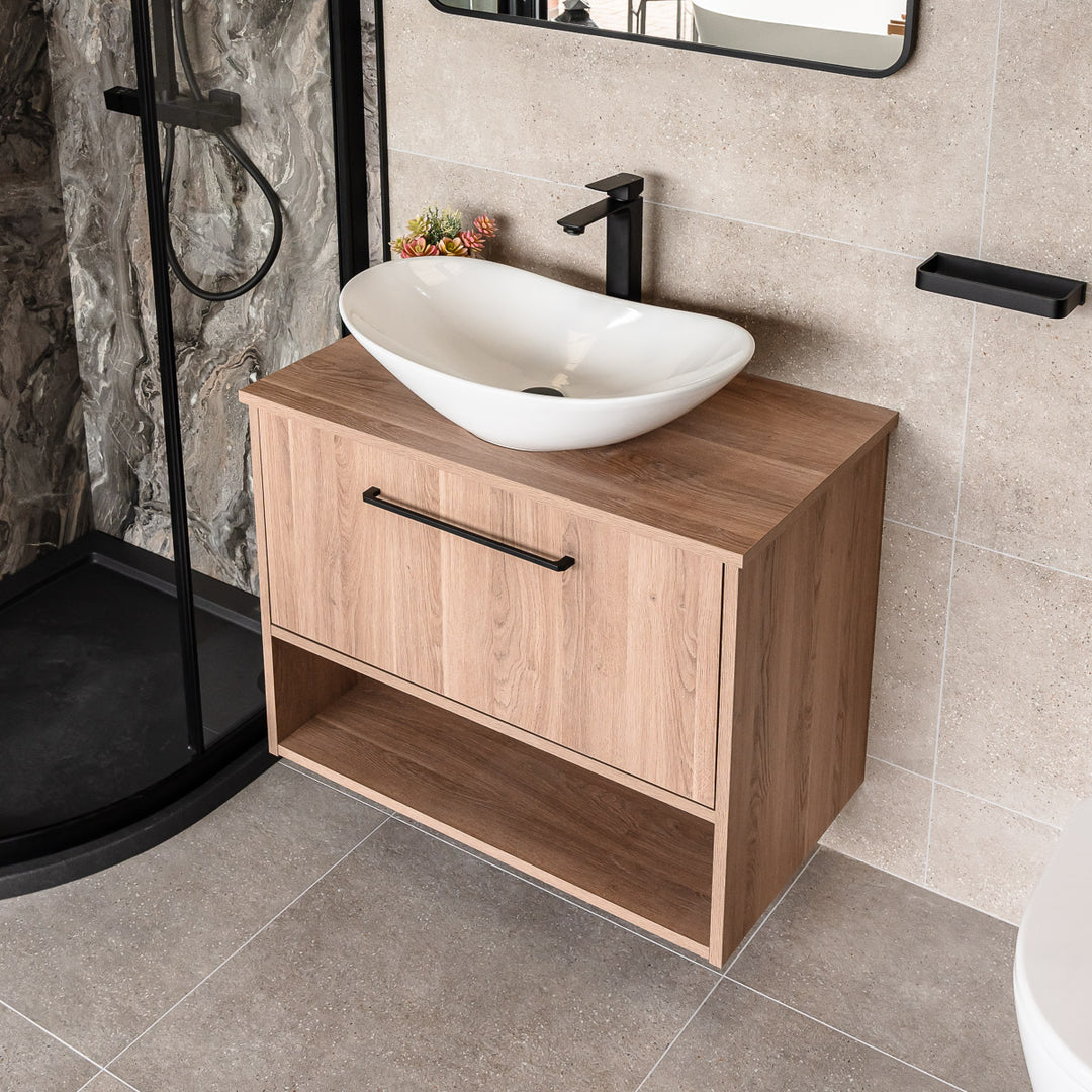 Oak 800mm Wall Mounted Vanity Unit & Worktop - Brown Cueno Oak - By Voda Design
