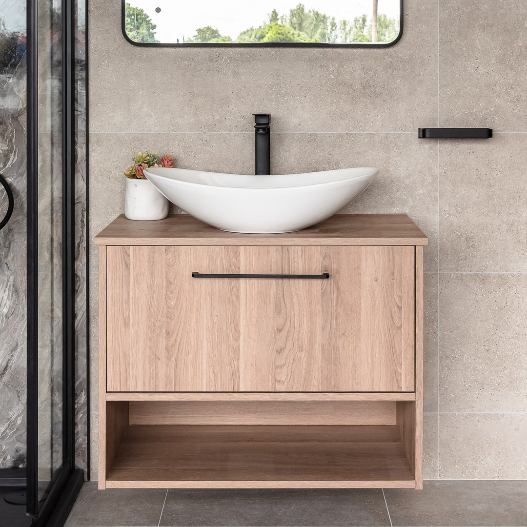 Oak 800mm Wall Mounted Vanity Unit & Worktop - Brown Cueno Oak - By Voda Design
