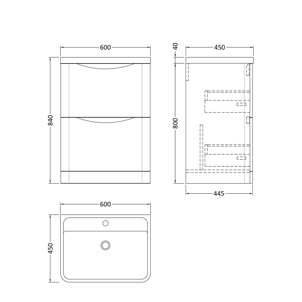 600mm F/S 2-Drawer Unit & Polymarble Basin - Soft Black (ISLA005)