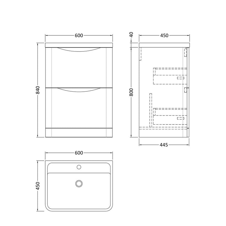 600mm F/S 2-Drawer Unit & Polymarble Basin - Soft Black (ISLA005)