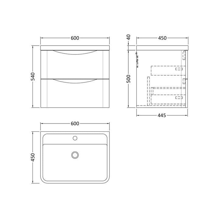 600mm W/H 2-Drawer Unit & Polymarble Basin - Soft Black (ISLA006)