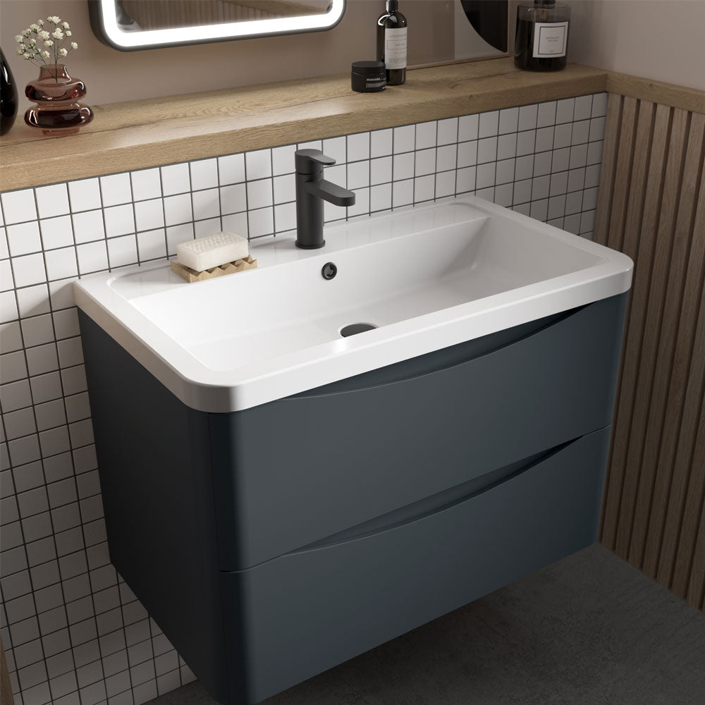 600mm W/H 2-Drawer Unit & Polymarble Basin - Soft Black (ISLA006)