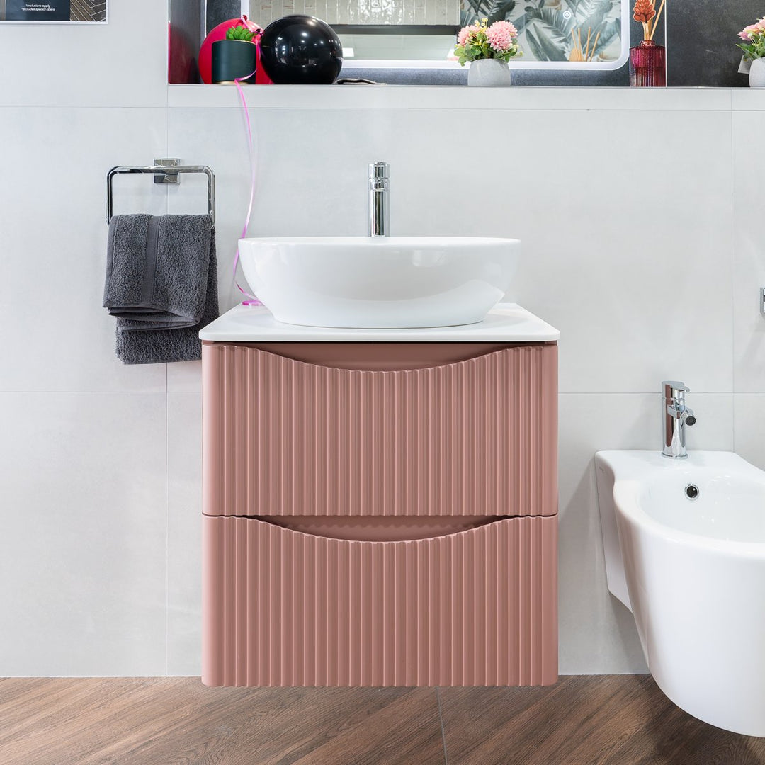 Full Fluted 600mm Floor Standing Vanity Unit & Inset Basin - Rose Pink (By Voda Design)