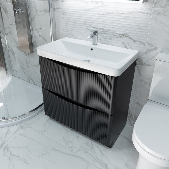 800mm Fluted Floor Standing Vanity Unit & Basin - Ember Black