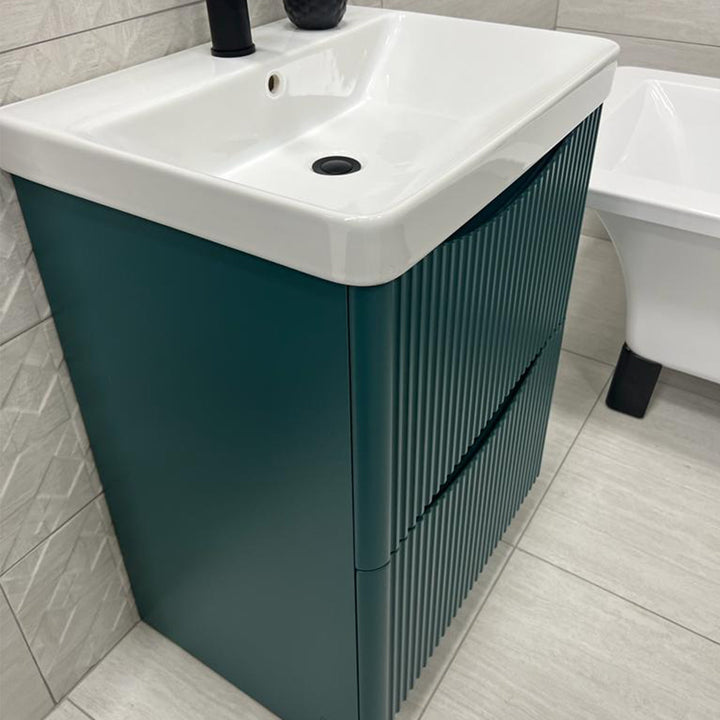 Full Fluted 600mm Floor Standing Vanity Unit & Inset Basin - Goblin Green (By Voda Design)