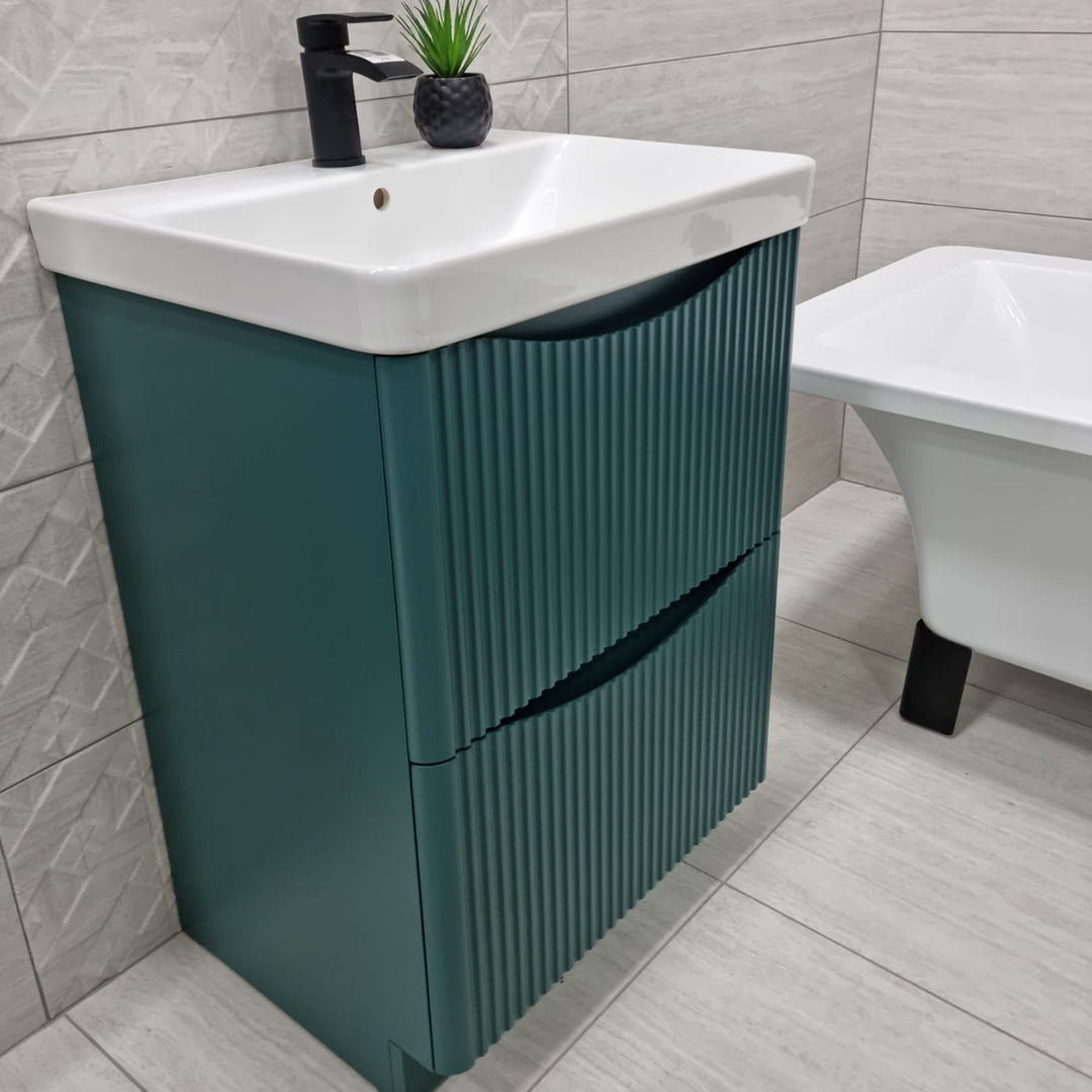 Full Fluted 600mm Floor Standing Vanity Unit & Inset Basin - Goblin Green (By Voda Design)