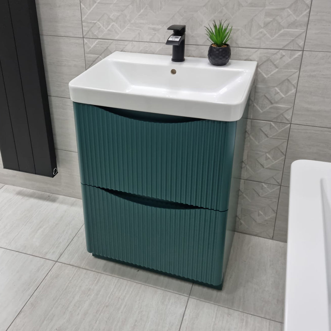 Full Fluted 600mm Floor Standing Vanity Unit & Inset Basin - Goblin Green (By Voda Design)