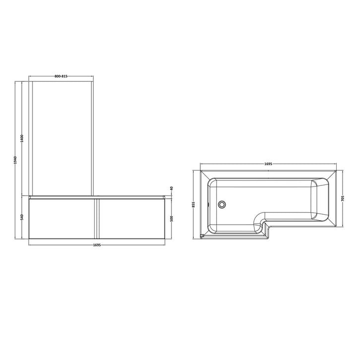 1700mm Right Hand Square Shower Bath Bundle (Includes Bath, Screen & Front Panel) - LBATH1700RH