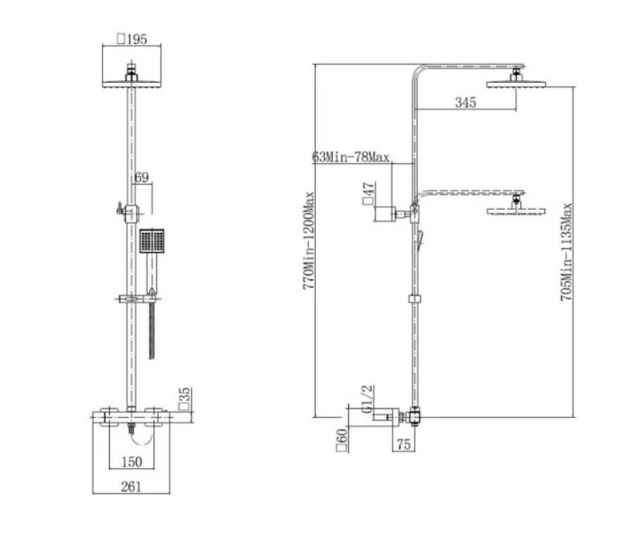Severn Square Exposed Adjustable Thermostatic Shower - By Voda Design