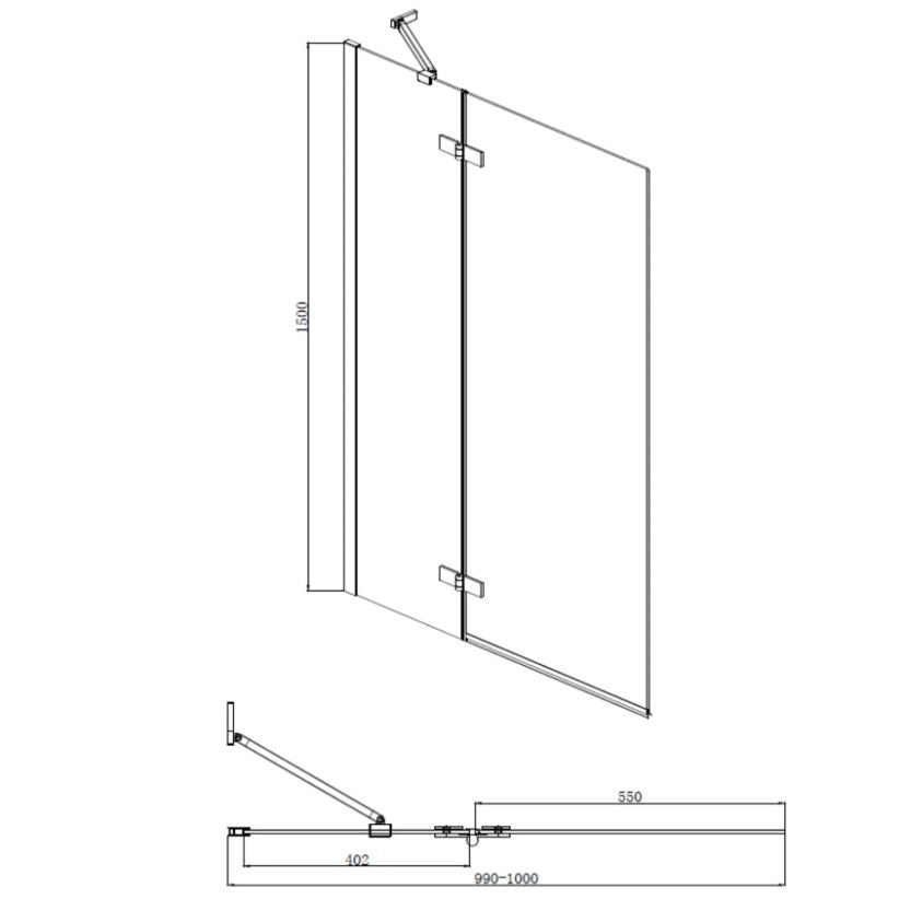 Aqualux 6mm 2 Panel Hinged Bath Screen 1500x1000 Black