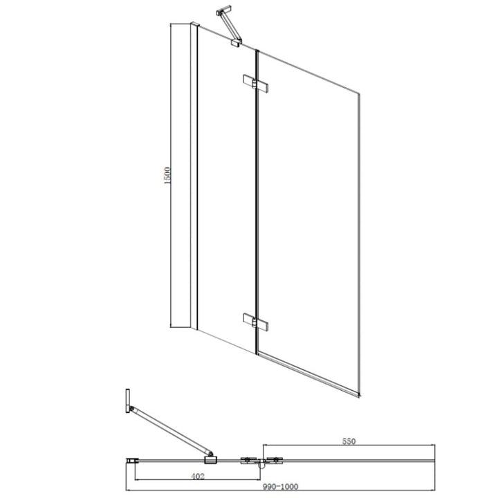 Aqualux 6mm 2 Panel Hinged Bath Screen 1500x1000 Black