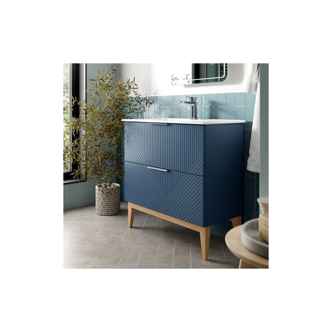 Lines 810mm Floor Standing 2 Drawer Basin Unit & Maple Oak Effect Worktop - Matt Smoke Blue