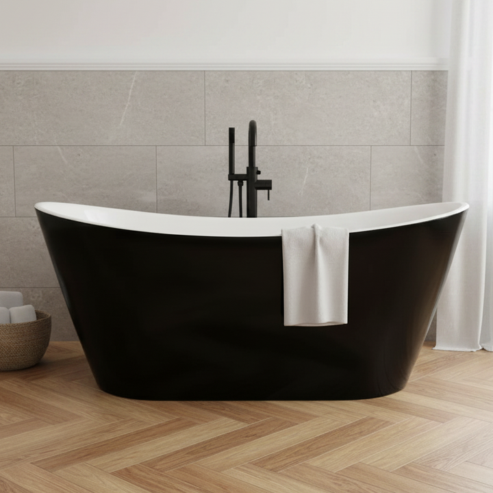 Voda Design Loco 1500mm Freestanding Bath - Black White Waste Slim Overflow