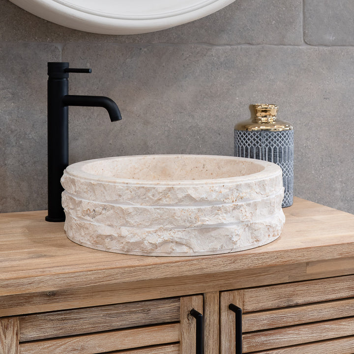 Cali Carved Natural Stone Basin  - 40x40x15cm - Ivory