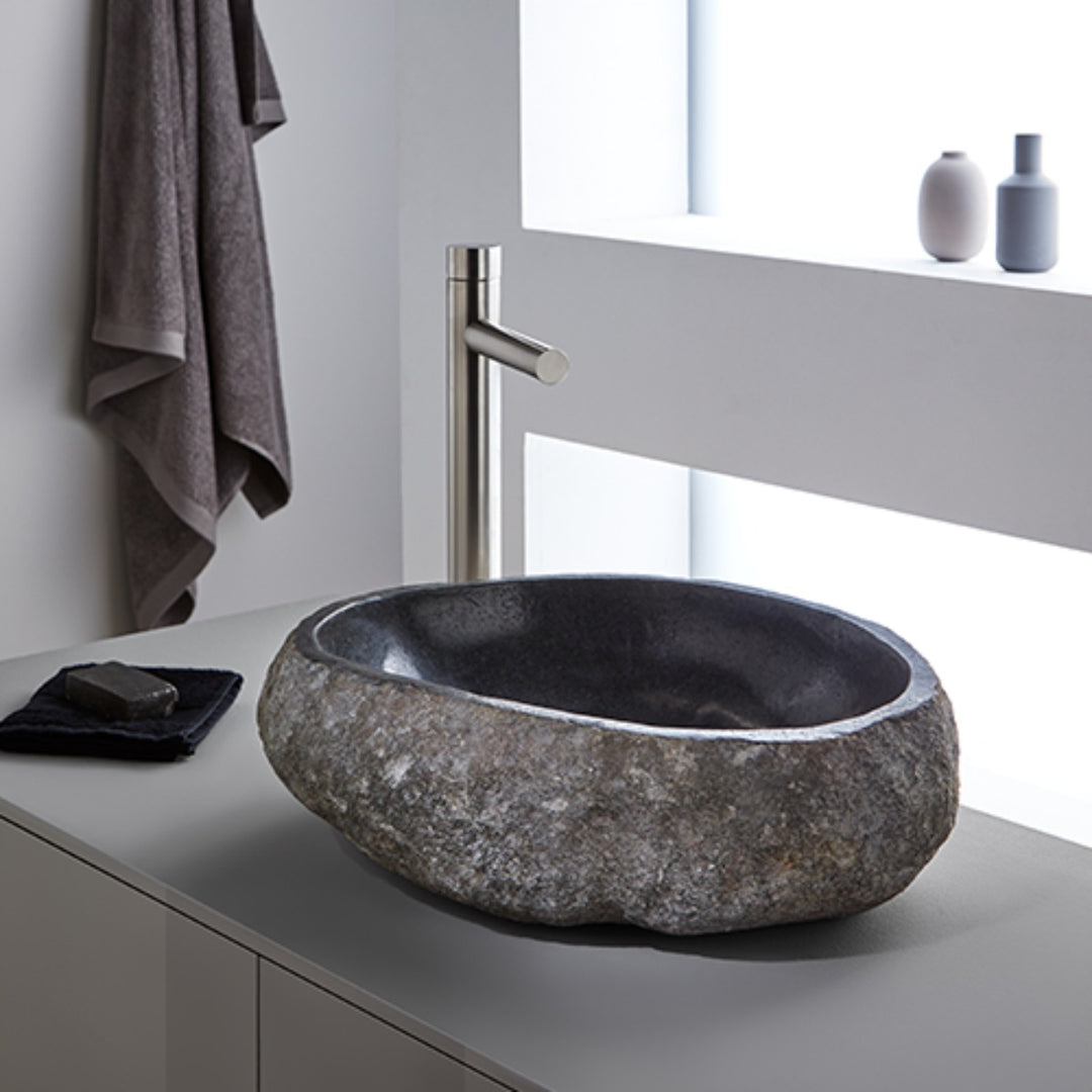 Rock Carved Natural Stone Basin  - 45x40x15cm - Dark grey