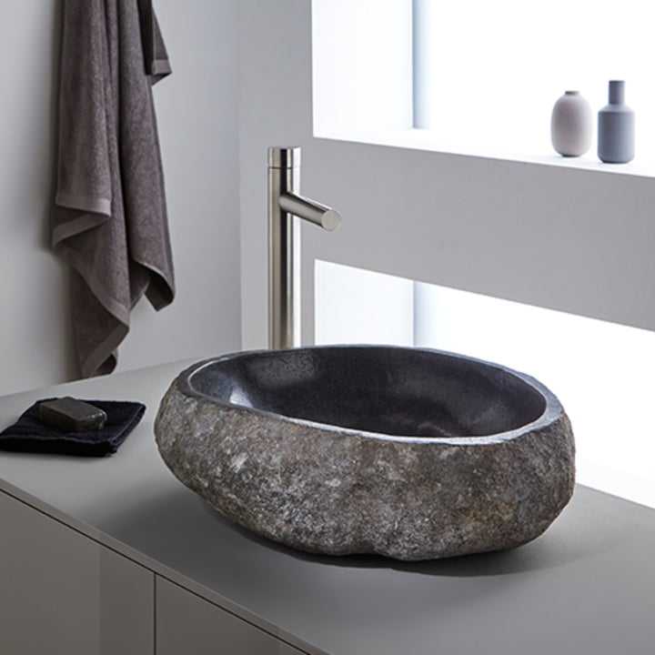Rock Carved Natural Stone Basin  - 45x40x15cm - Dark grey