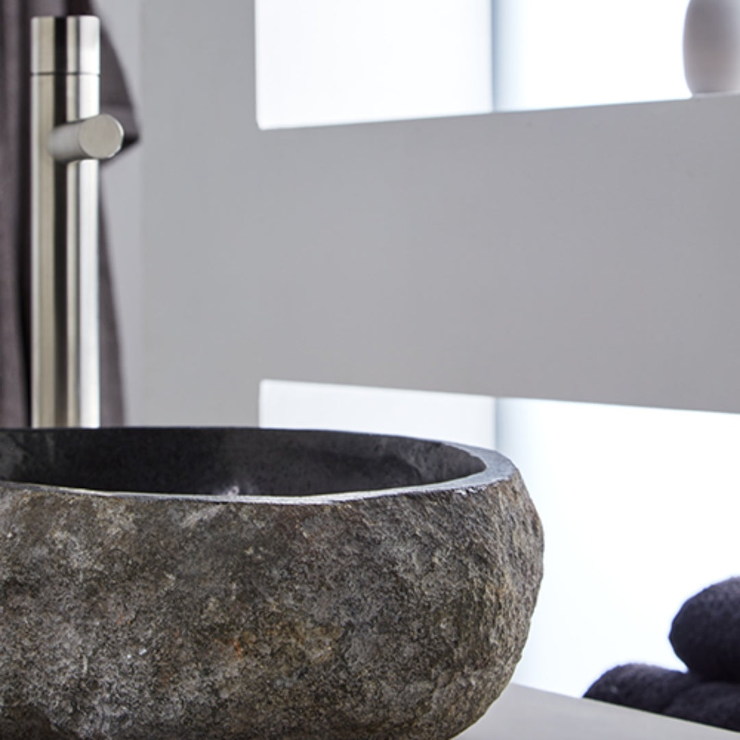 Rock Carved Natural Stone Basin  - 45x40x15cm - Dark grey
