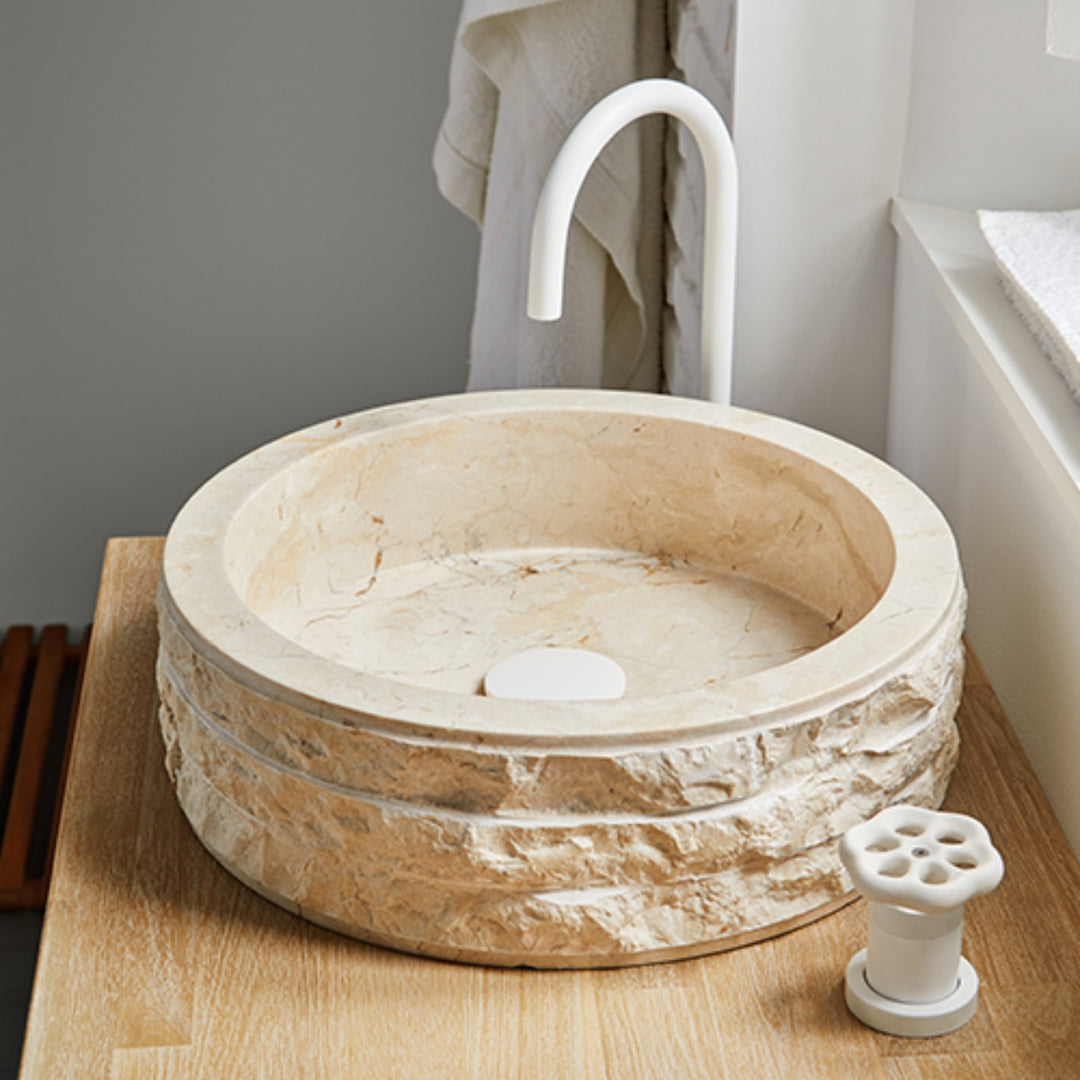 Cali Carved Natural Stone Basin  - 40x40x15cm - Ivory
