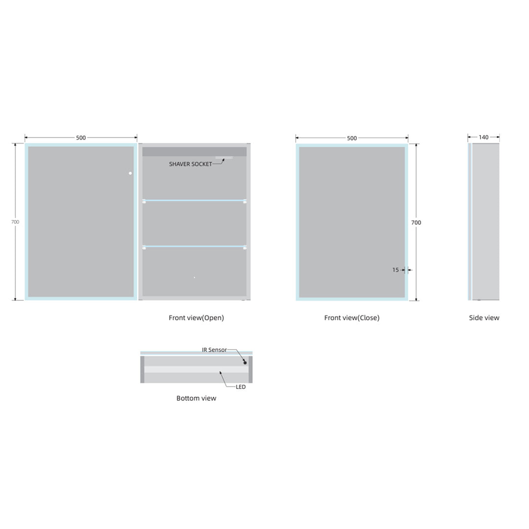 LED Mirror Cabinet 700 x 500mm Single Door Demister and Shaver