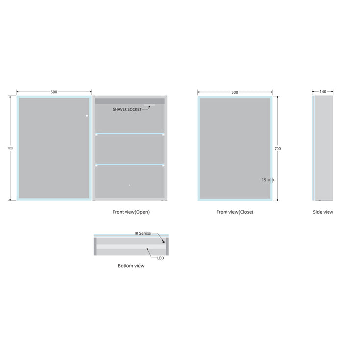 LED Mirror Cabinet 700 x 500mm Single Door Demister and Shaver