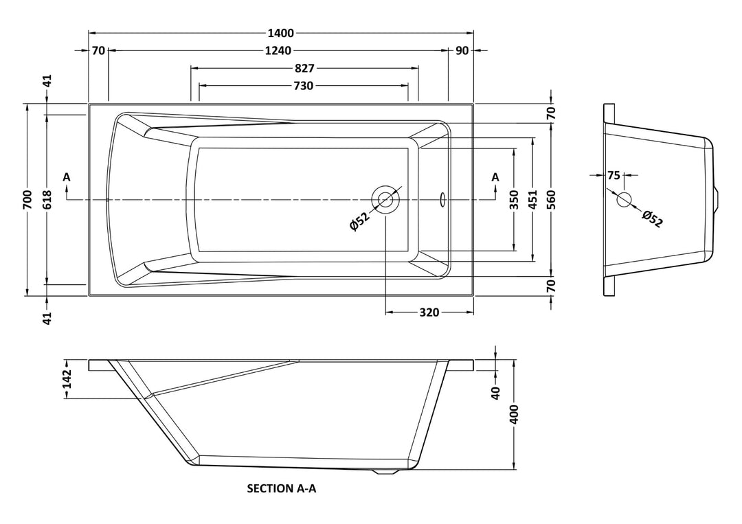 Square Single Ended Bath 1400 x 700mm