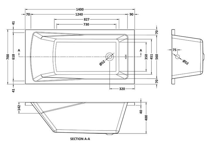 Square Single Ended Bath 1400 x 700mm