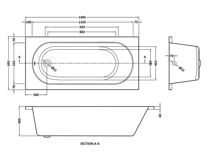 Standard Single Ended Bath 1500mm x 700mm