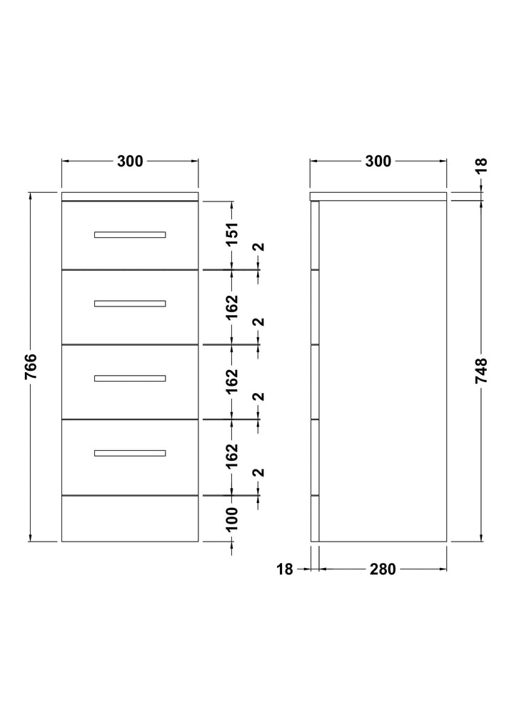 Floor Standing 4 Drawer Slim Unit 300mm - Oslo By Voda Design
