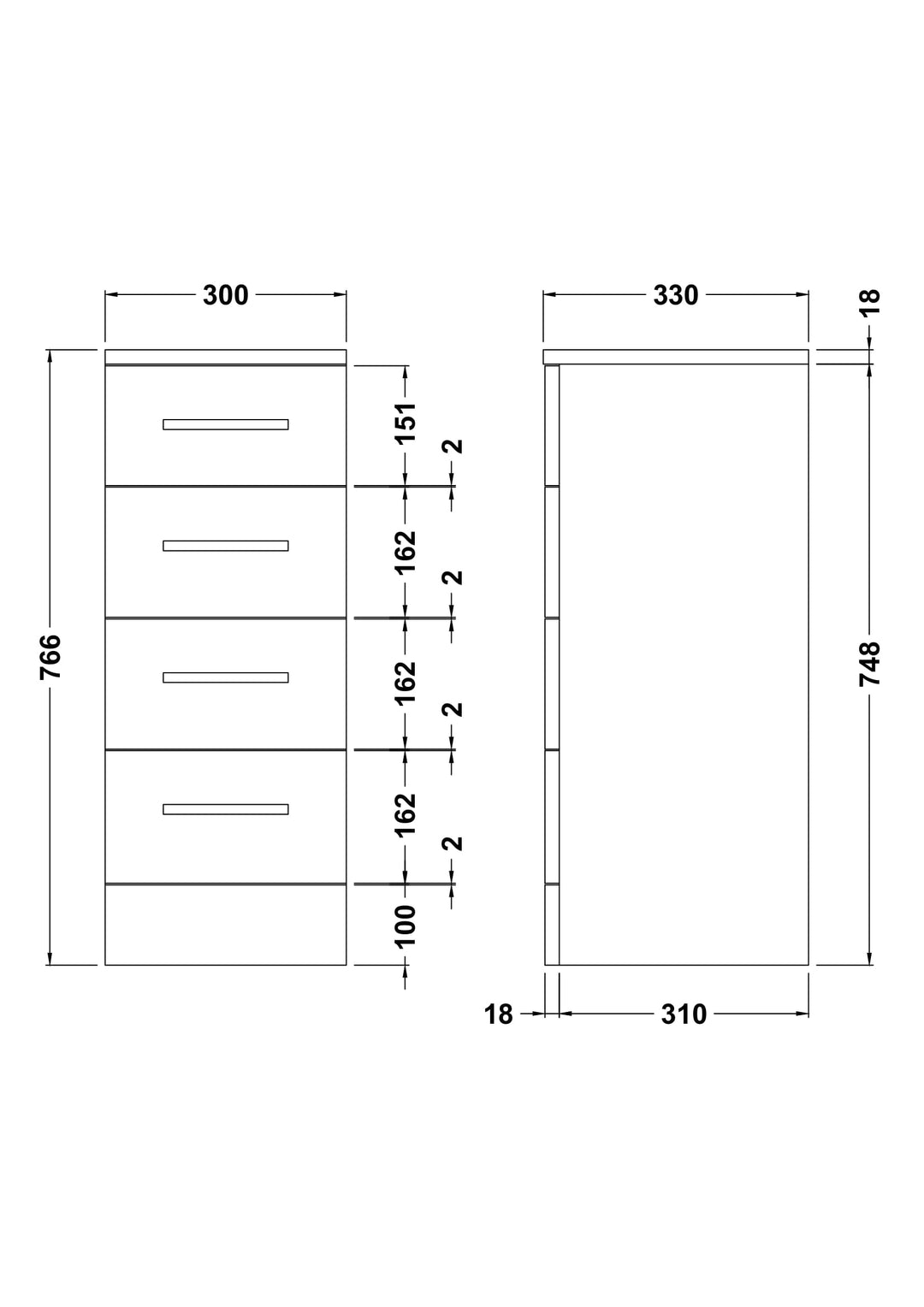 Floor Standing 4 Drawer Unit 300mm - Oslo By Voda Design